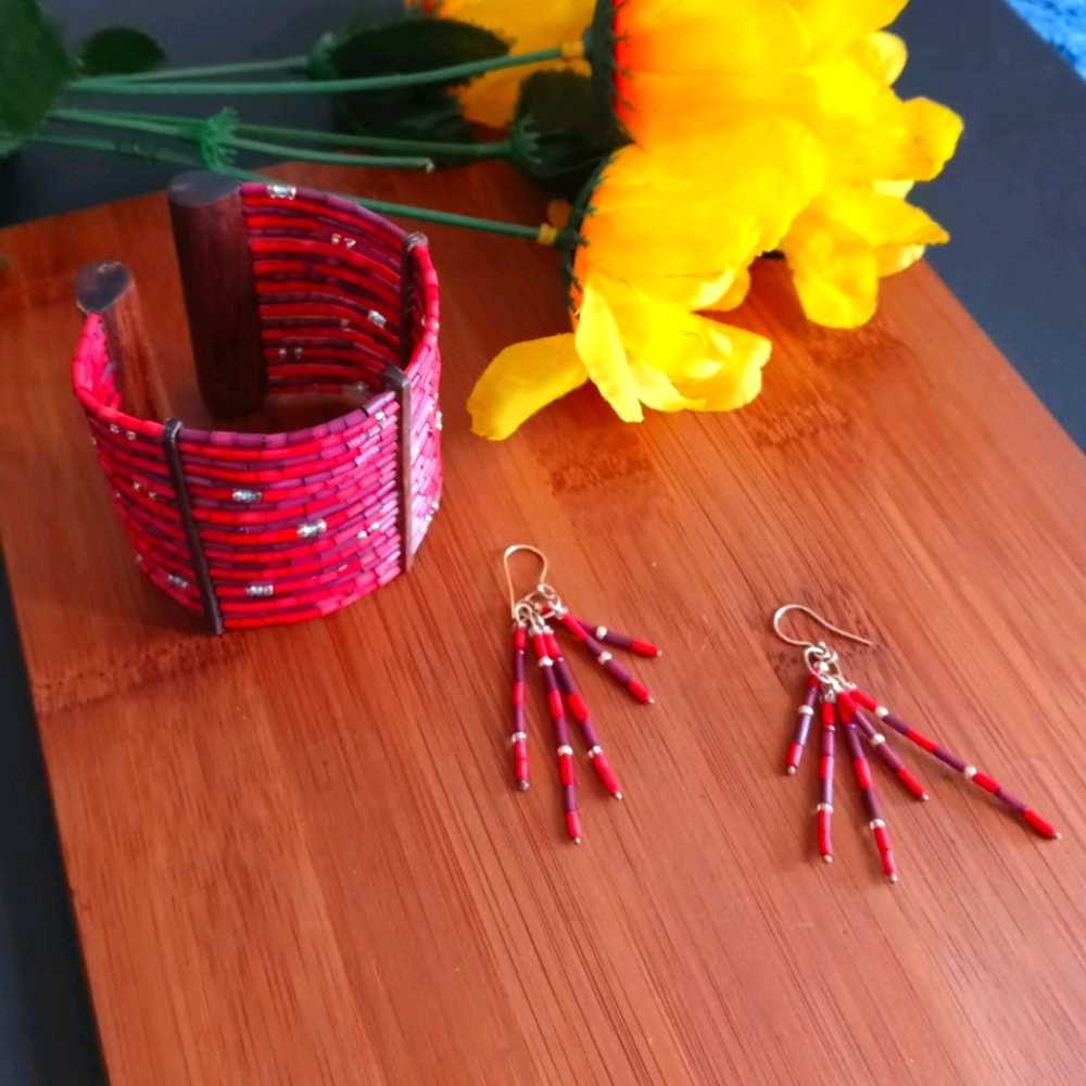 2PC Beautiful Red Maasai Bracelet & Earrings Set